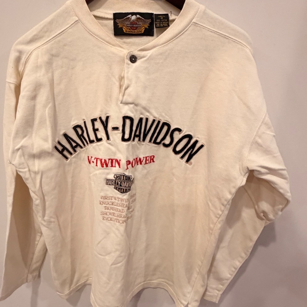 Harley-Davidson Vintage V-Twin Power Henley Shirt Mens Medium Cream Long Sleeve